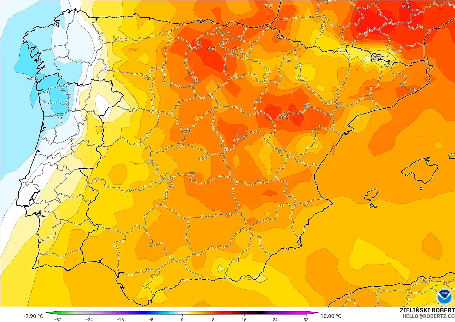 GFS modelo - España, Anomalía de temperatura a 850 hPa