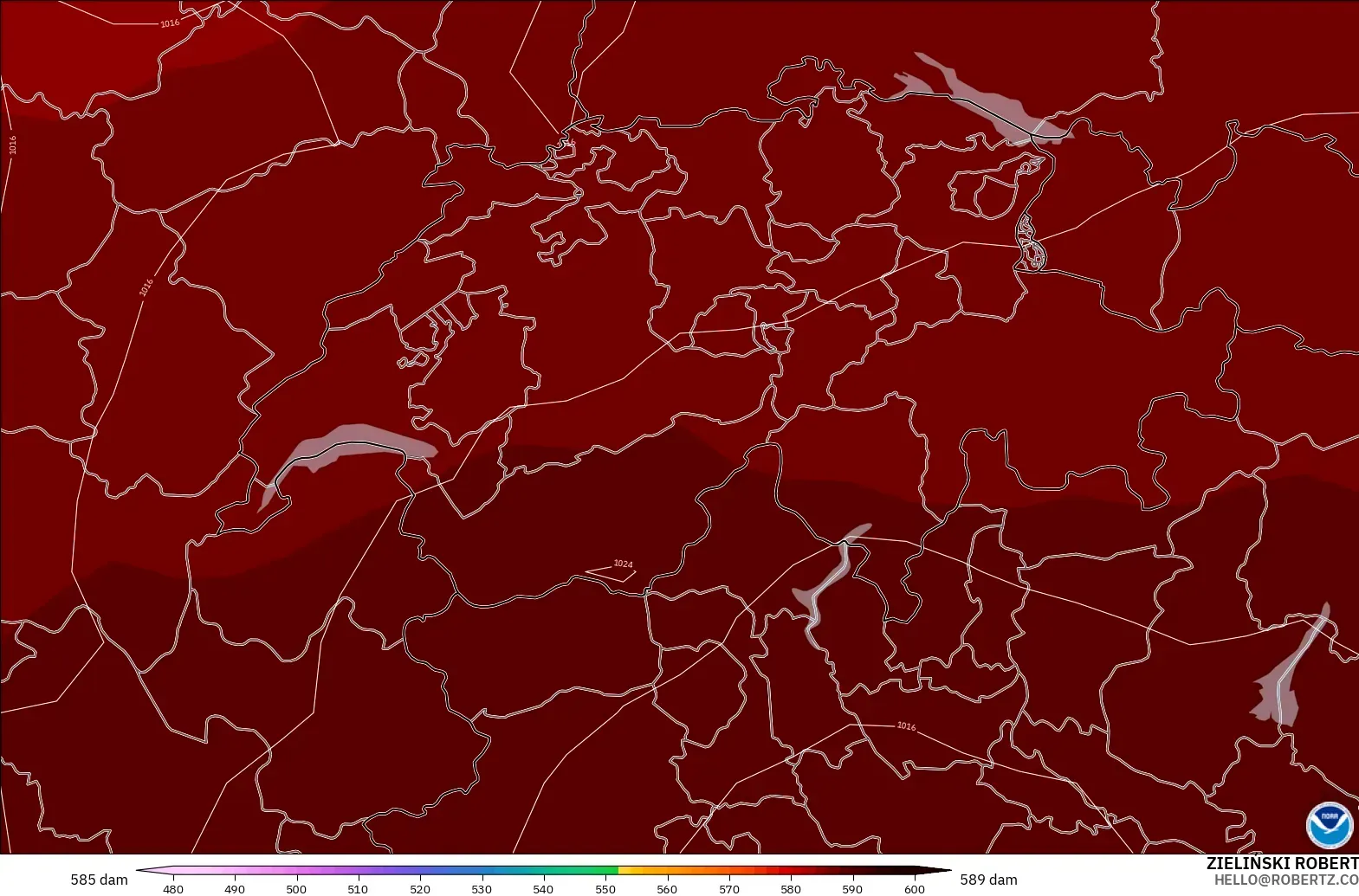 GFS modelo - Suiza, Altura geopotencial a 500 hPa