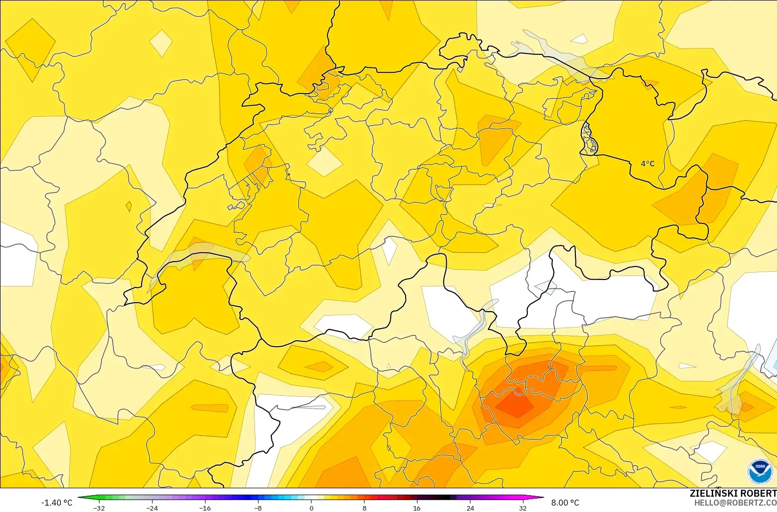 GFS modelo - Suiza, Anomalía de temperatura a 2 m