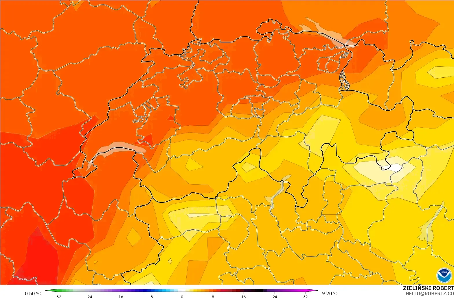GFS modelo - Suiza, Anomalía de temperatura a 850 hPa