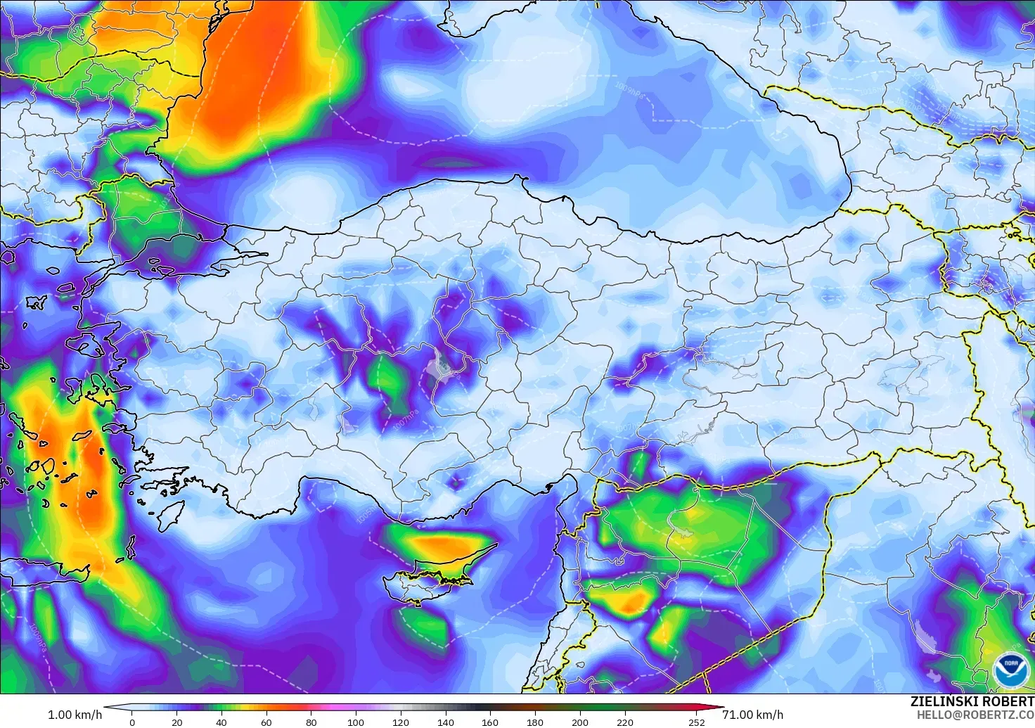 GFS modelo - Turquía, Ráfagas de viento