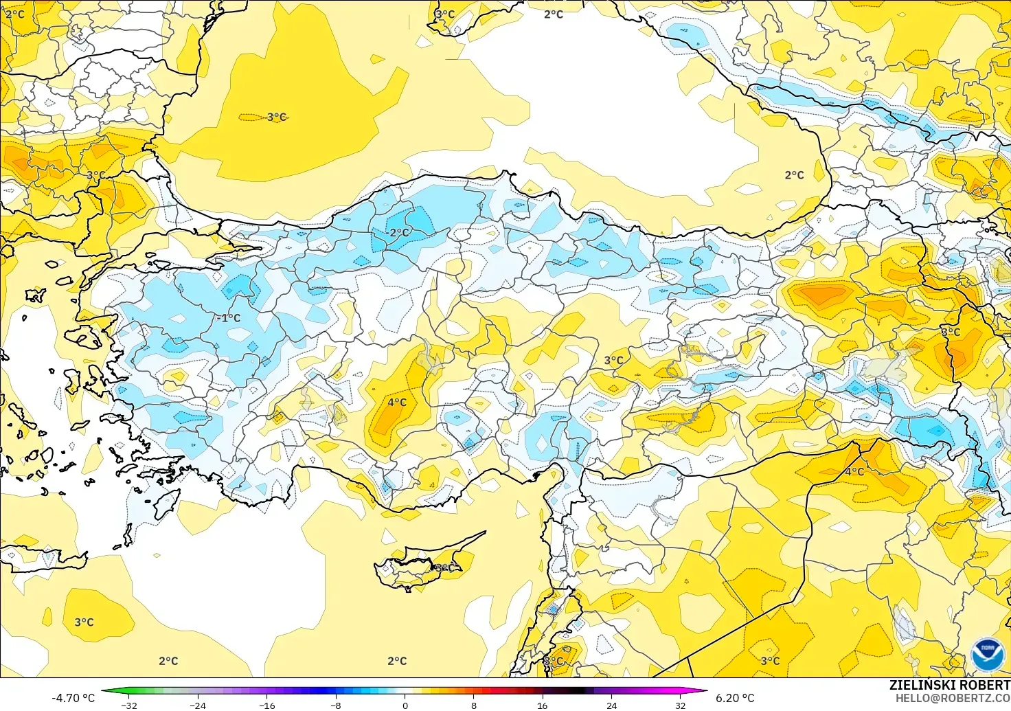 GFS modelo - Turquía, Anomalía de temperatura a 2 m