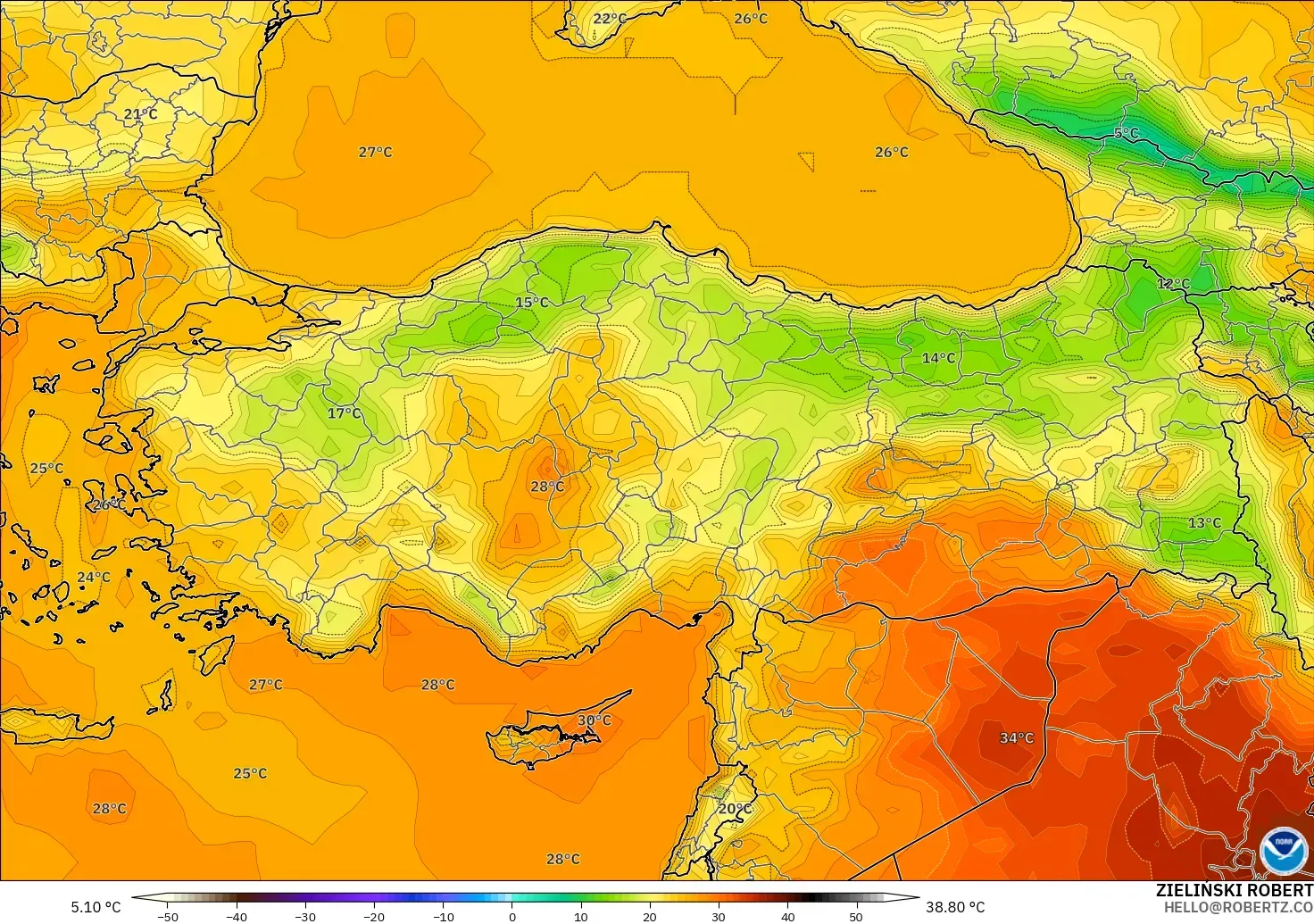 GFS modelo - Turquía, Temperatura a 2 m