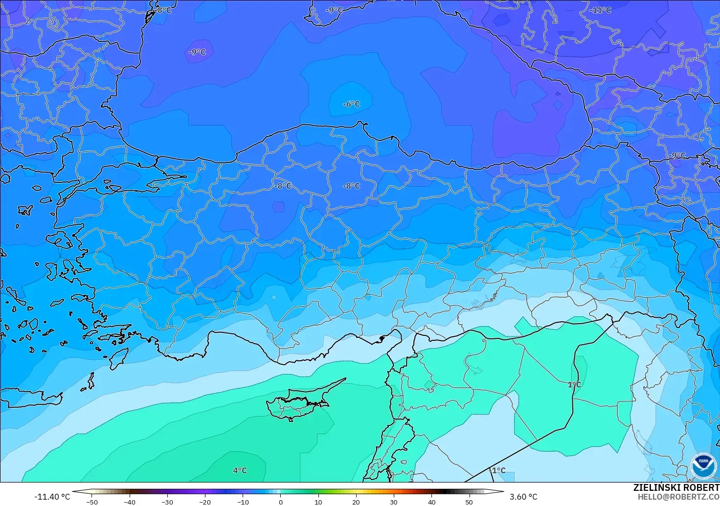 GFS modelo - Turquía, Temperatura a 500 hPa
