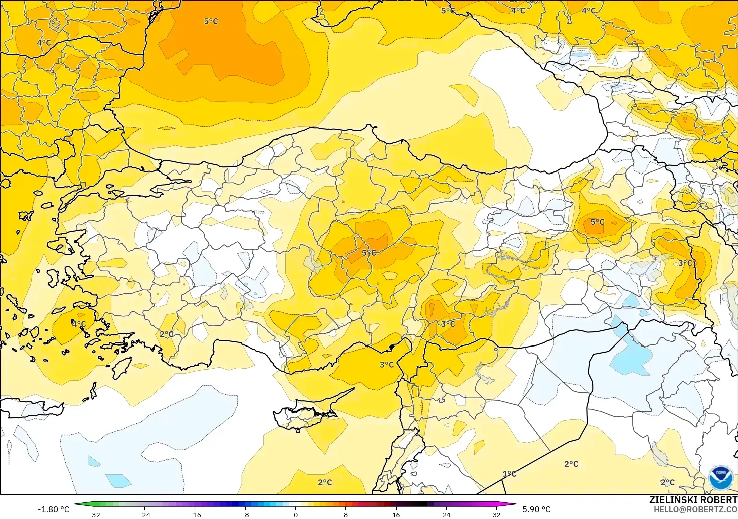 GFS modelo - Turquía, Anomalía de temperatura a 850 hPa