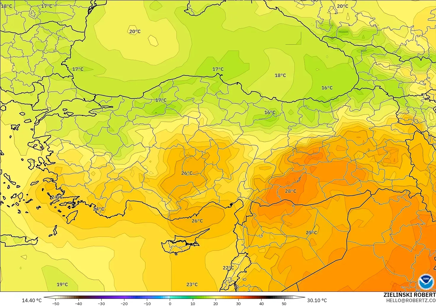 GFS modelo - Turquía, Temperatura a 850 hPa