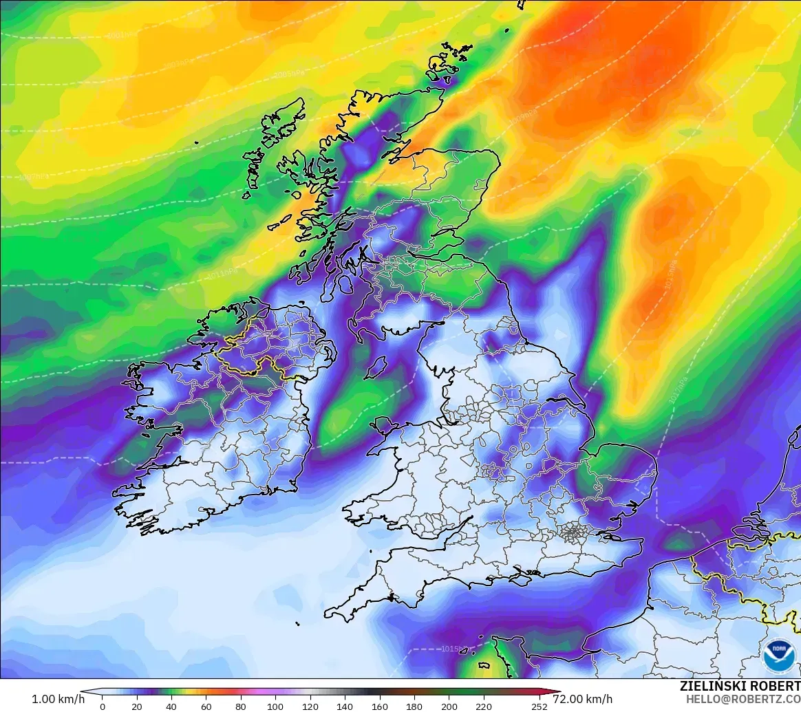GFS modelo - Reino Unido, Ráfagas de viento