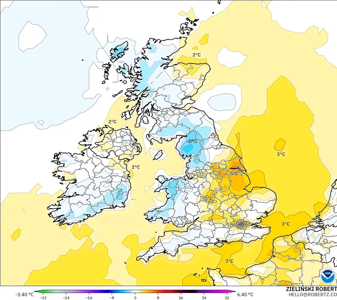 GFS modelo - Reino Unido, Anomalía de temperatura a 2 m