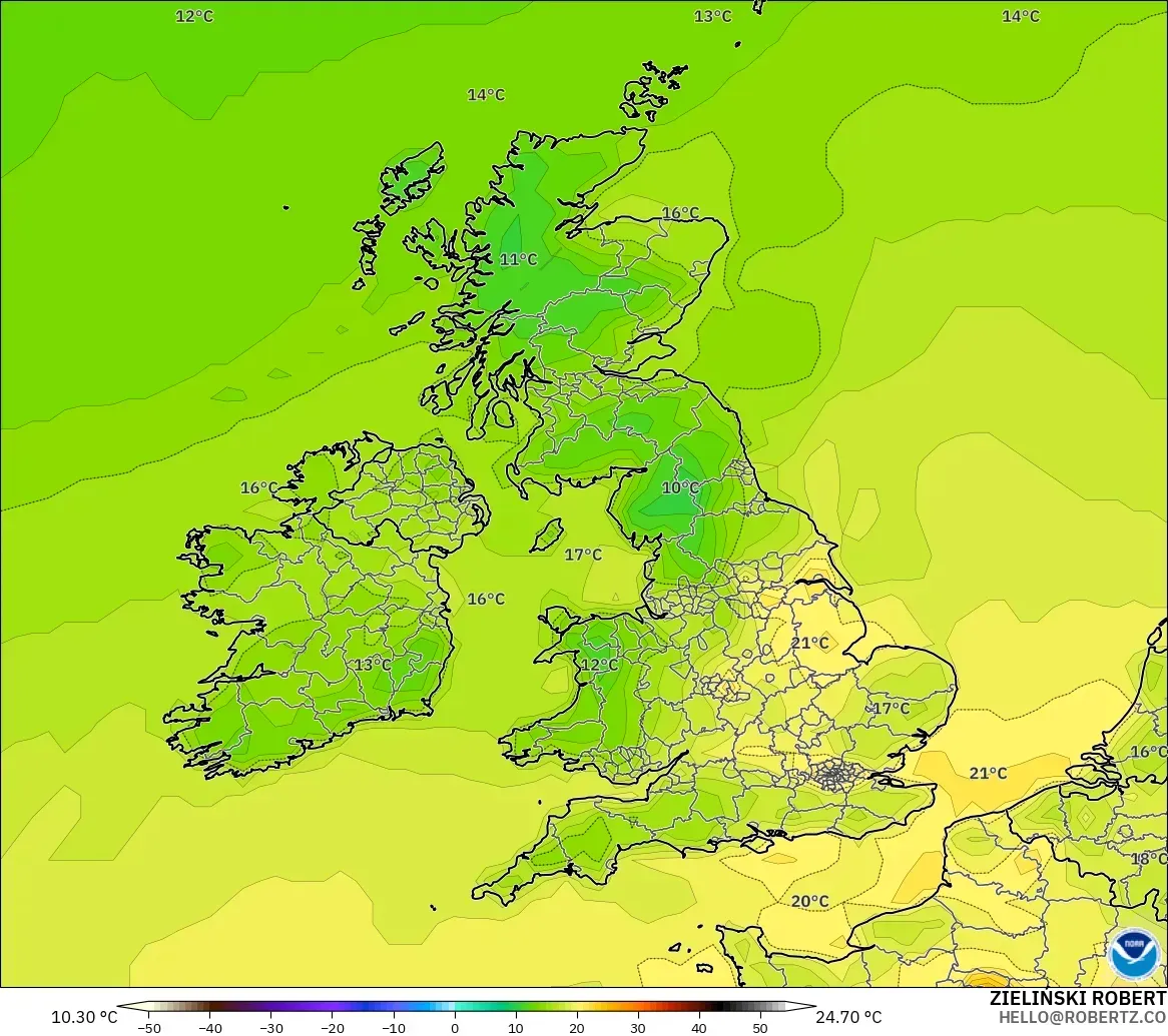 GFS modelo - Reino Unido, Temperatura a 2 m