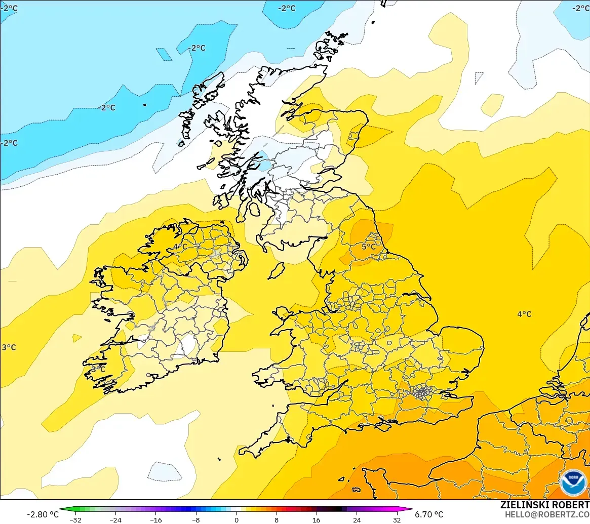 GFS modelo - Reino Unido, Anomalía de temperatura a 850 hPa