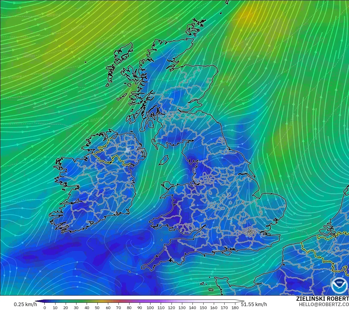 GFS modelo - Reino Unido, Viento a 10 m