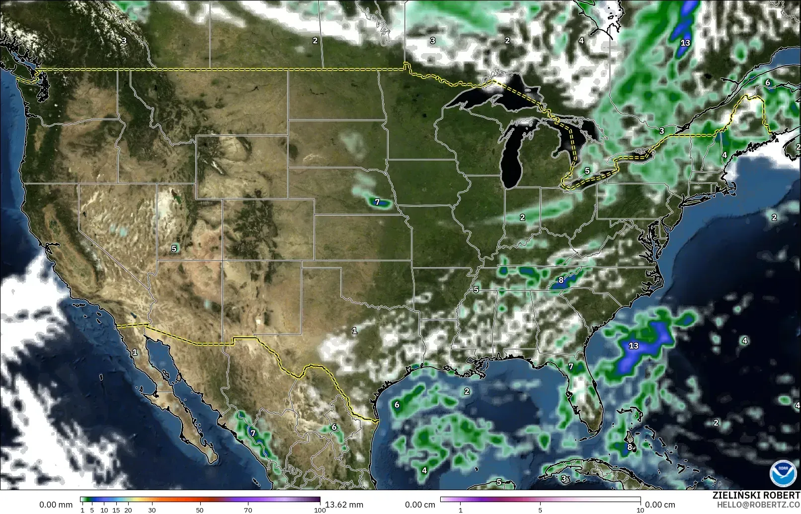 GFS modelo - Estados Unidos, Precipitación, nubes y presión