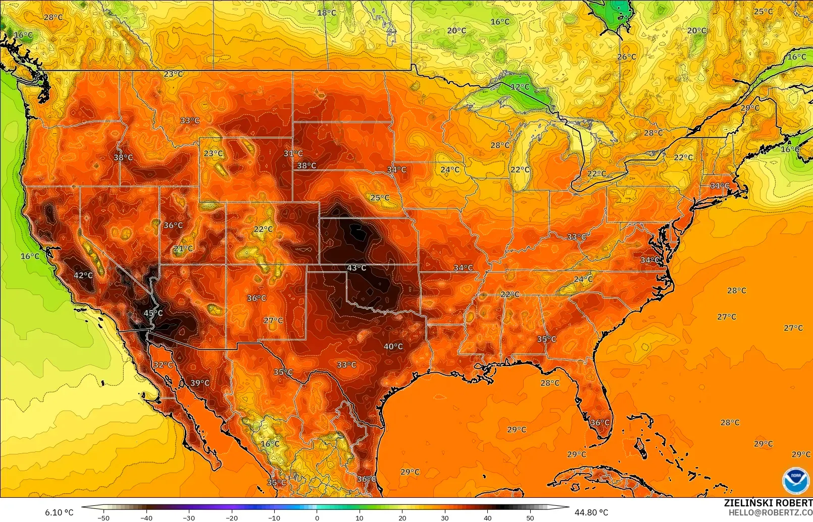 GFS modelo - Estados Unidos, Temperatura a 2 m