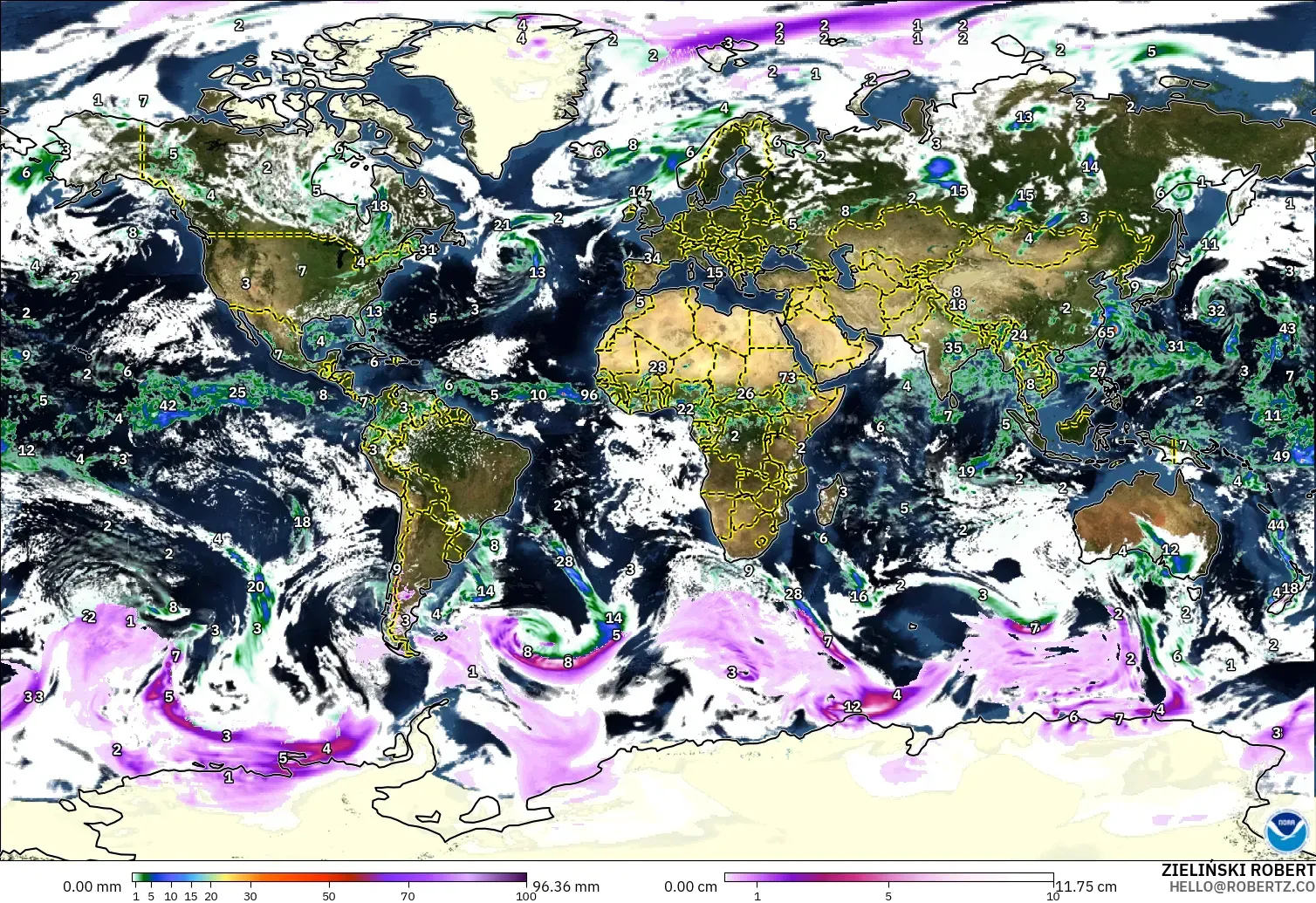 GFS modelo - Mundo, Precipitación, nubes y presión
