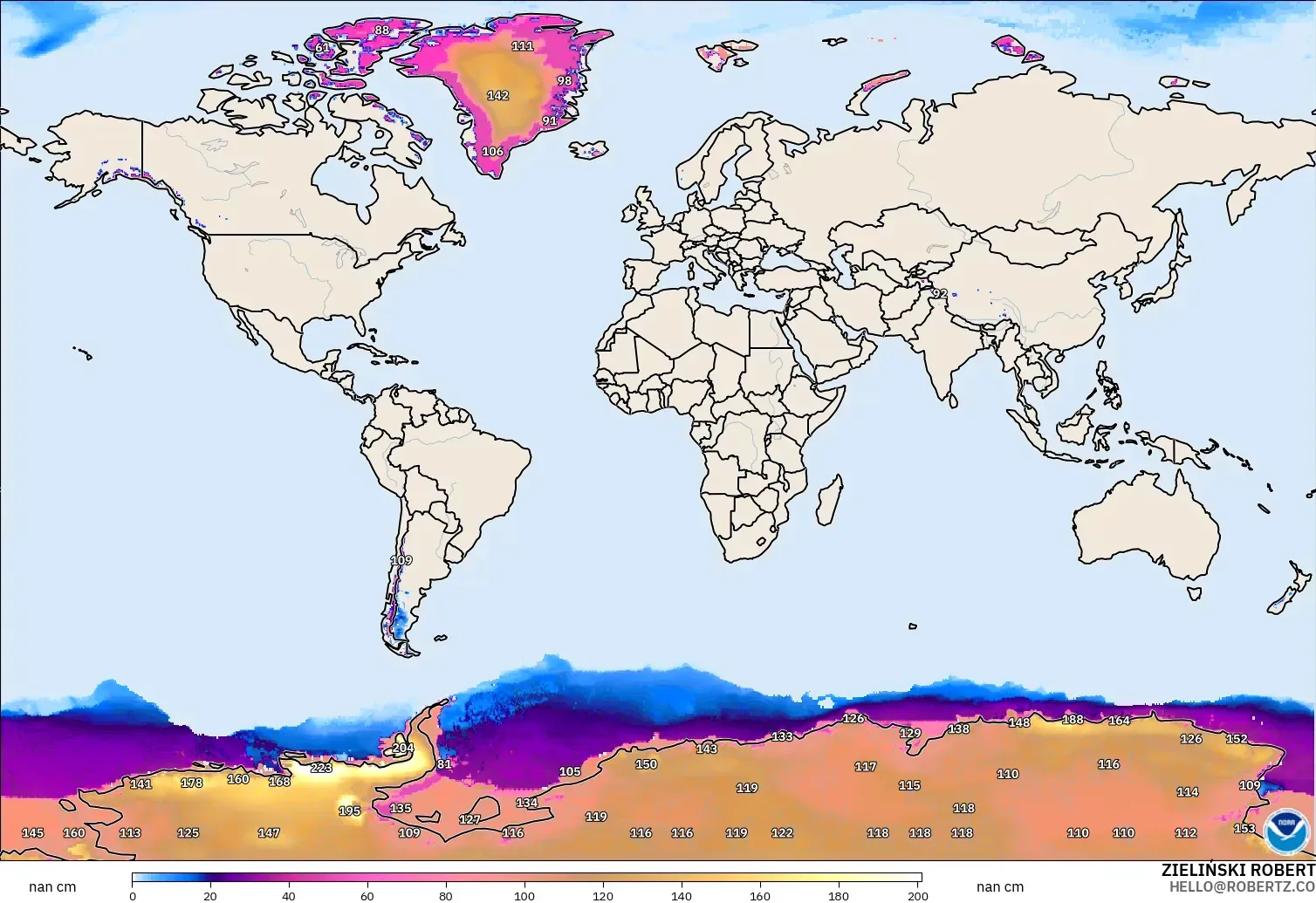 GFS modelo - Mundo, Profundidad de nieve