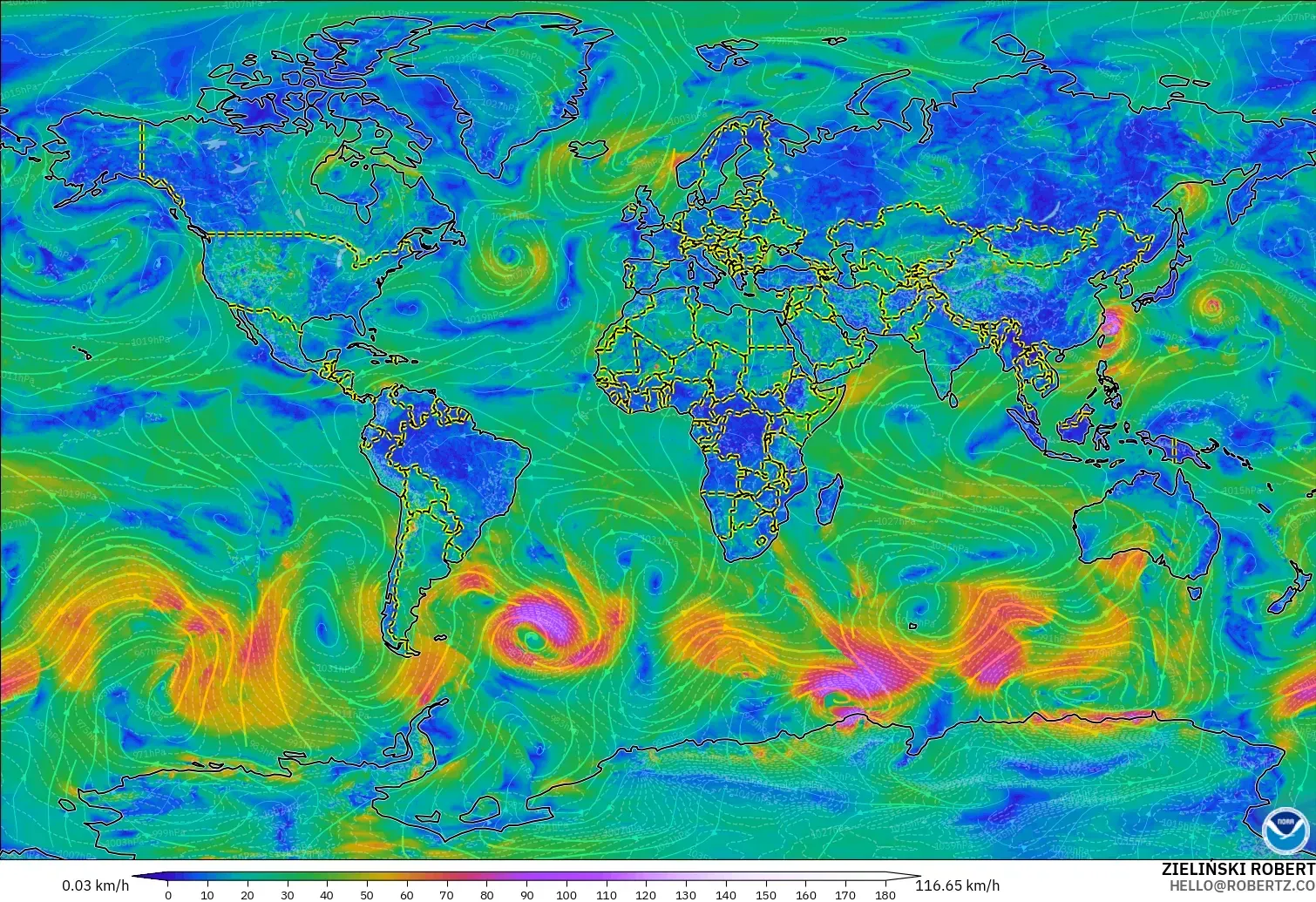 GFS modelo - Mundo, Viento a 10 m
