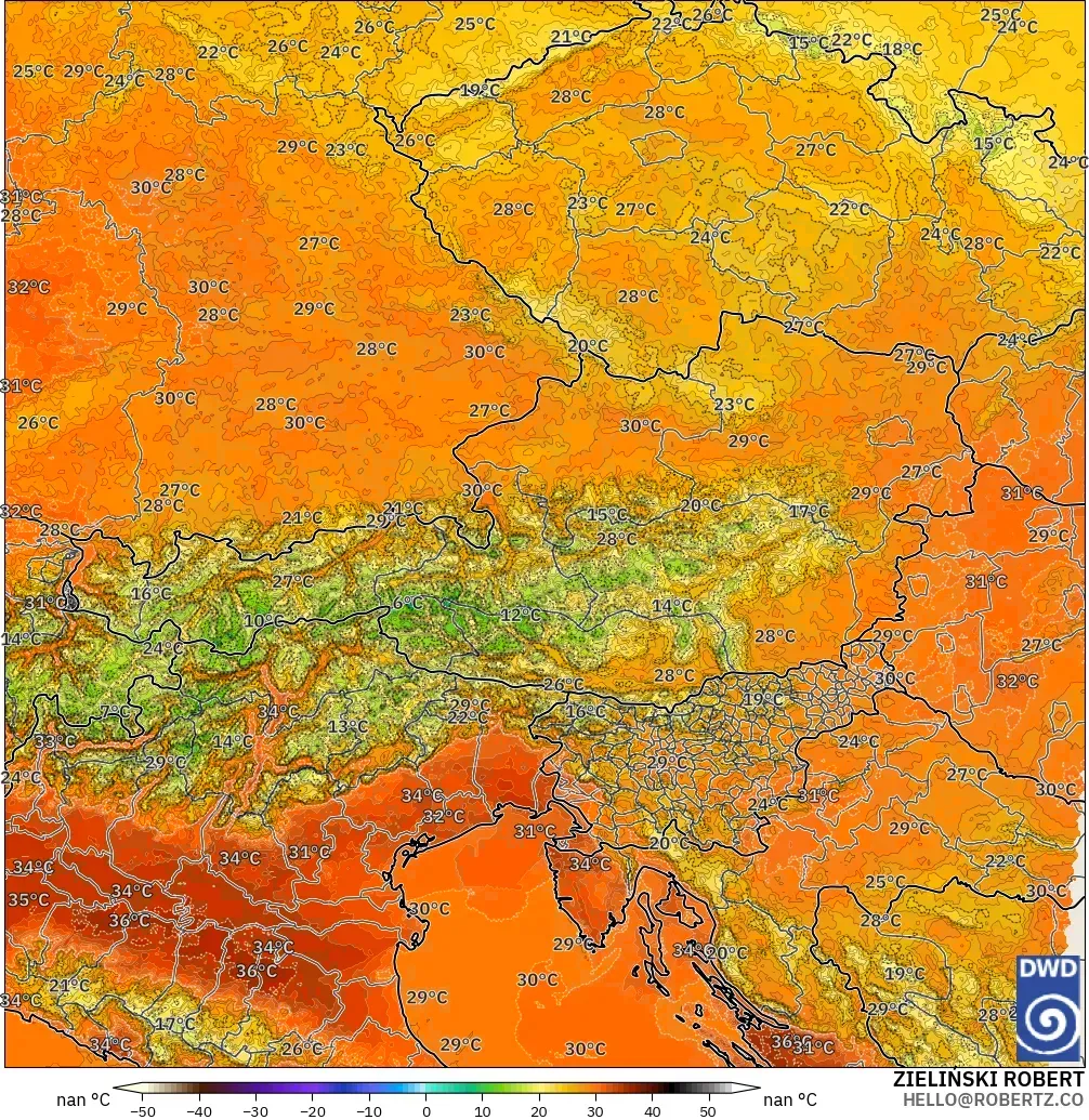 ICON Alemania 2 km modelo - Austria, Temperatura a 2 m