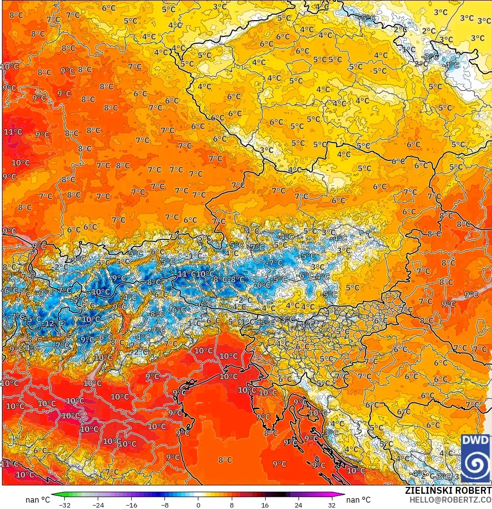 ICON Alemania 2 km modelo - Austria, Anomalía de temperatura a 850 hPa