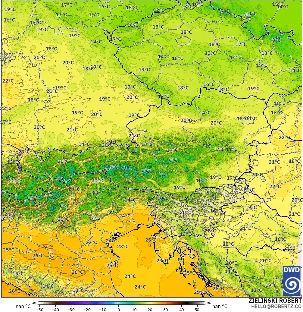 ICON Alemania 2 km modelo - Austria, Temperatura a 850 hPa