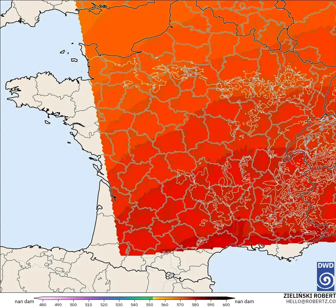 ICON Alemania 2 km modelo - Francia, Altura geopotencial a 500 hPa