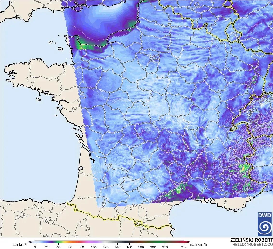 ICON Alemania 2 km modelo - Francia, Ráfagas de Viento Máximas