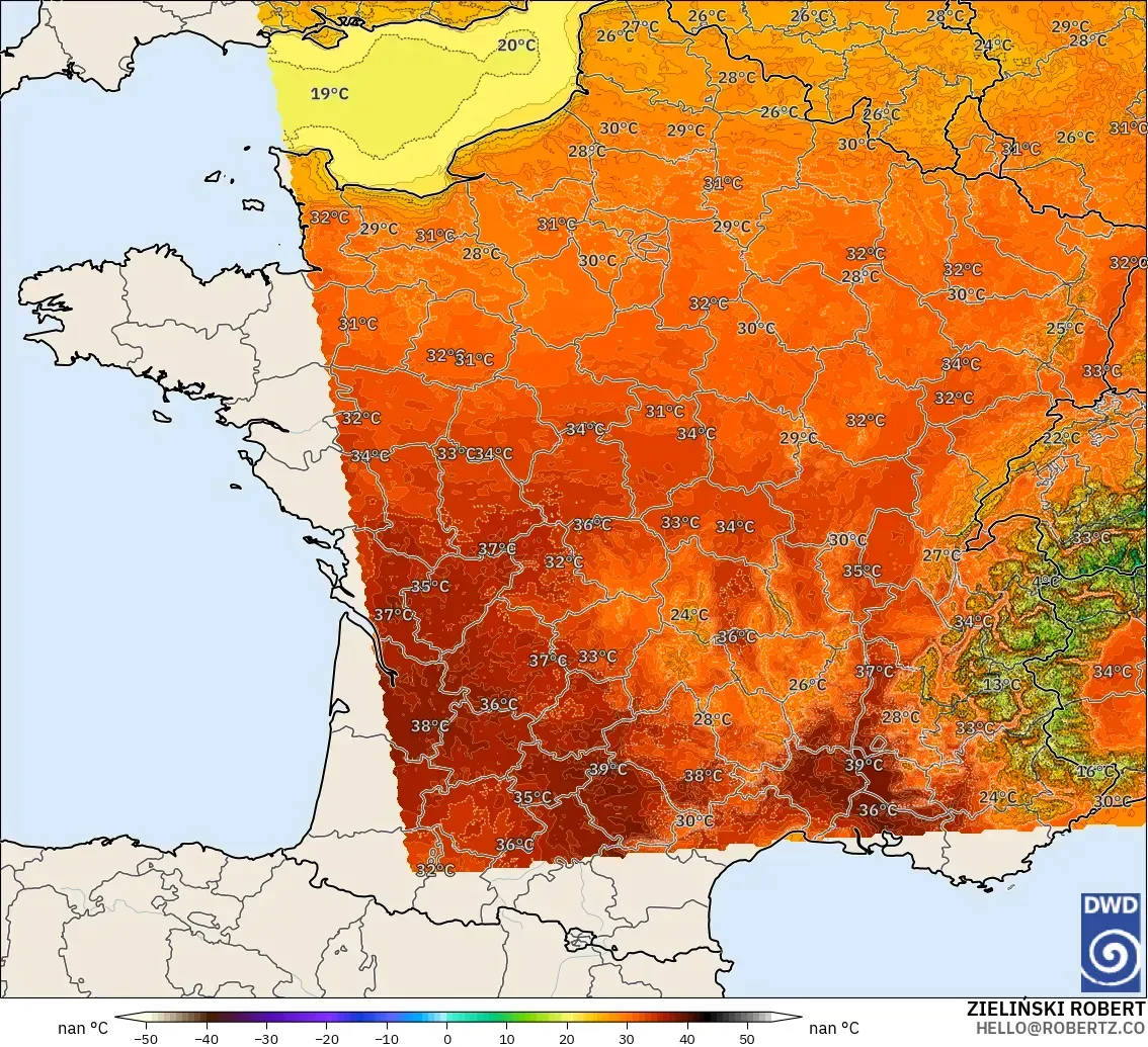 ICON Alemania 2 km modelo - Francia, Temperatura a 2 m