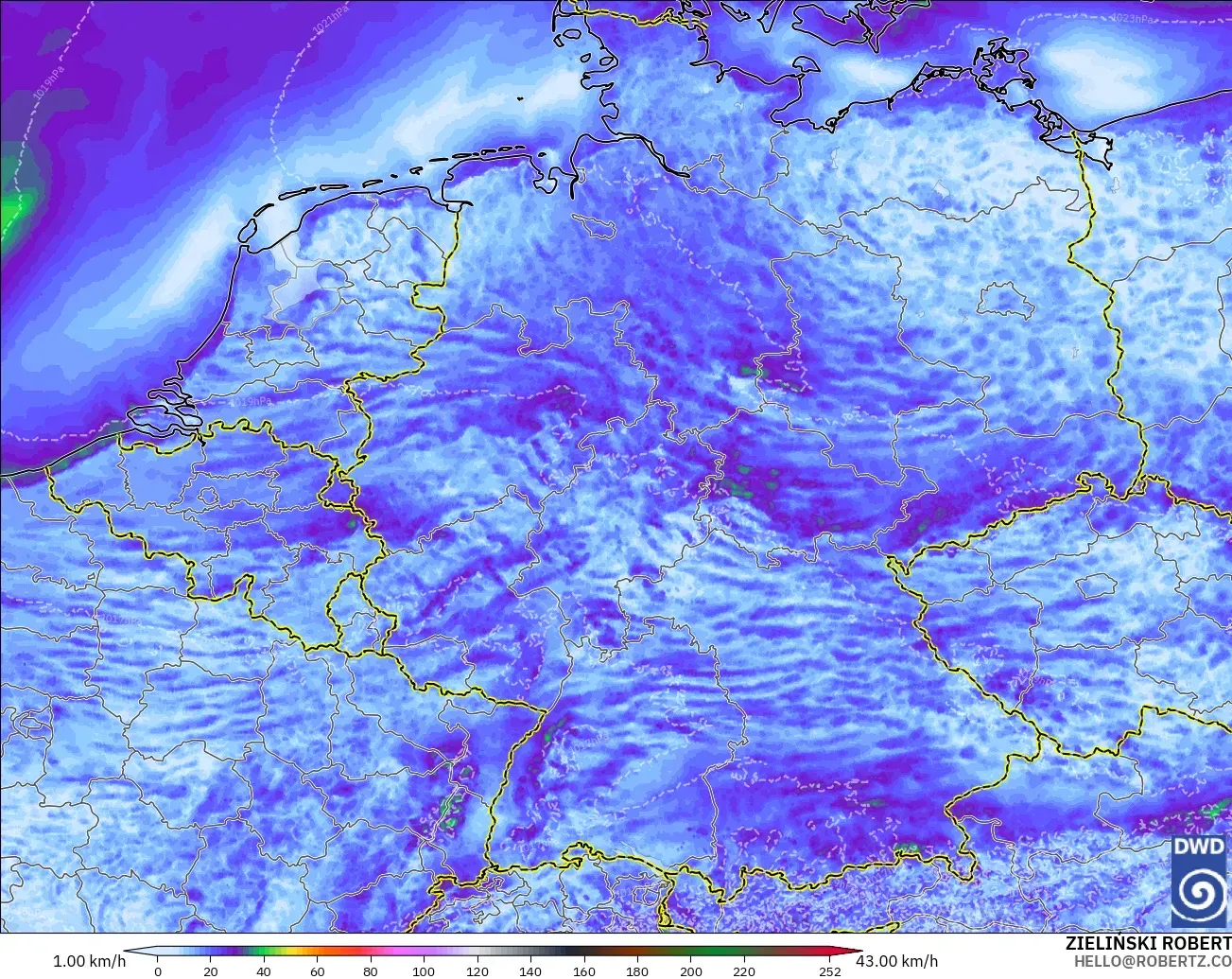 ICON Alemania 2 km modelo - Alemania, Ráfagas de viento