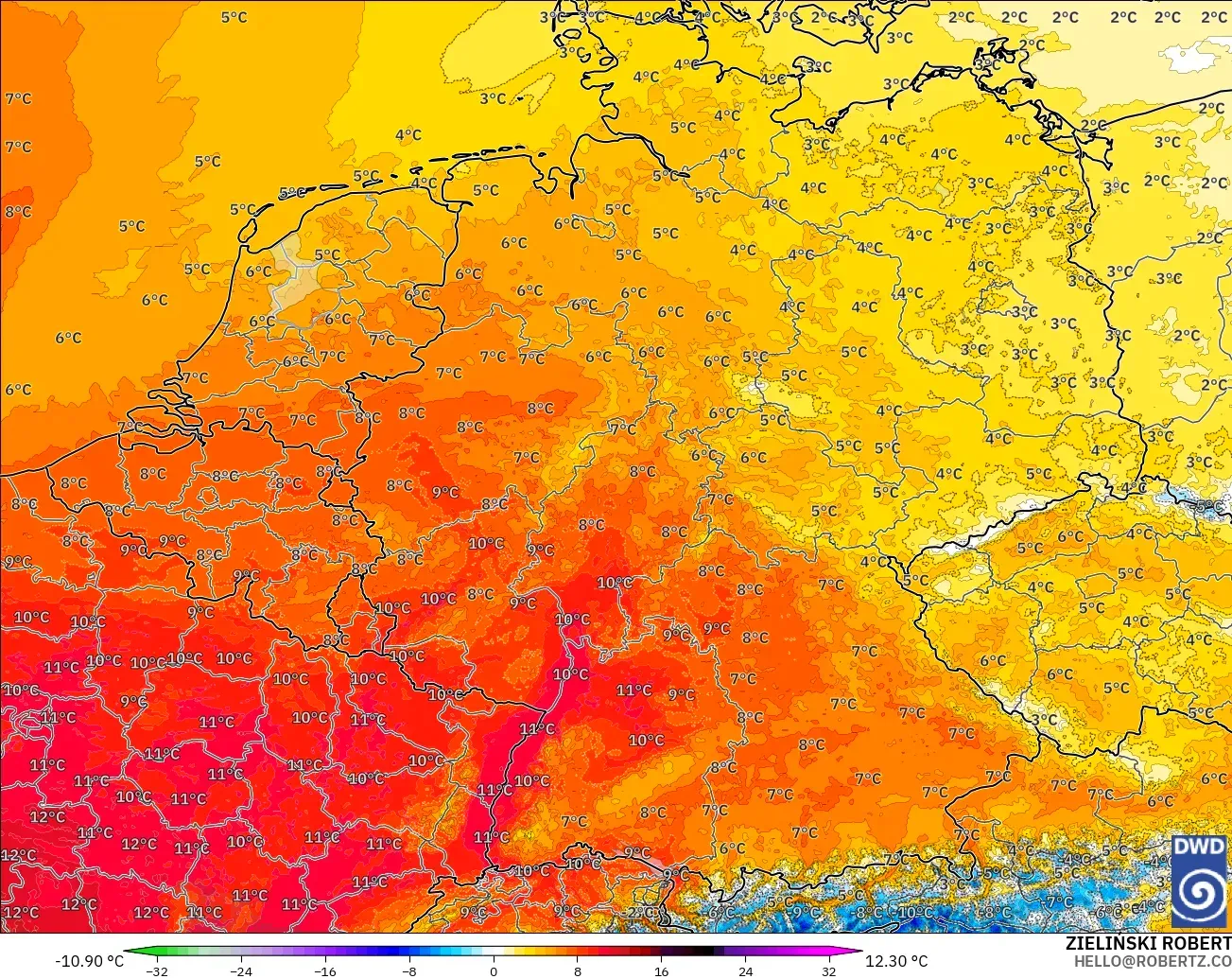 ICON Alemania 2 km modelo - Alemania, Anomalía de temperatura a 850 hPa