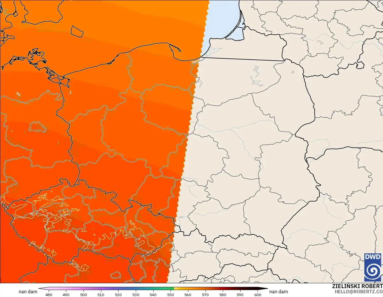 ICON Alemania 2 km modelo - Polonia, Altura geopotencial a 500 hPa
