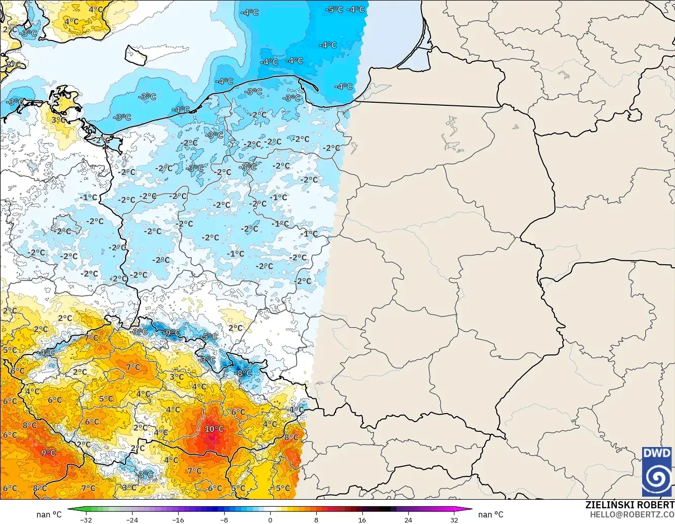 ICON Alemania 2 km modelo - Polonia, Anomalía de temperatura a 2 m
