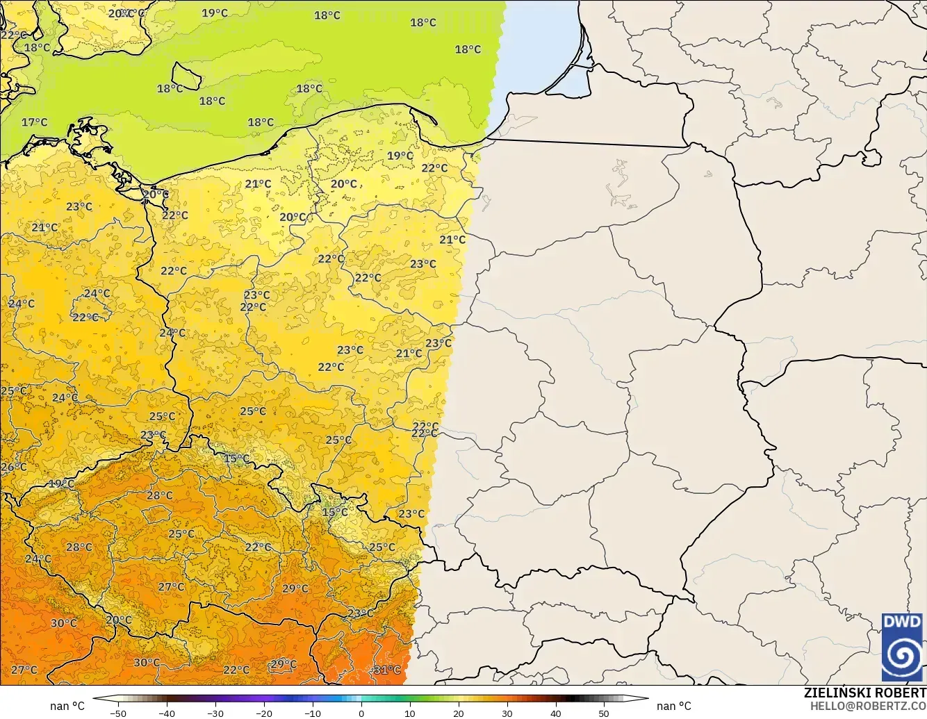 ICON Alemania 2 km modelo - Polonia, Temperatura a 2 m
