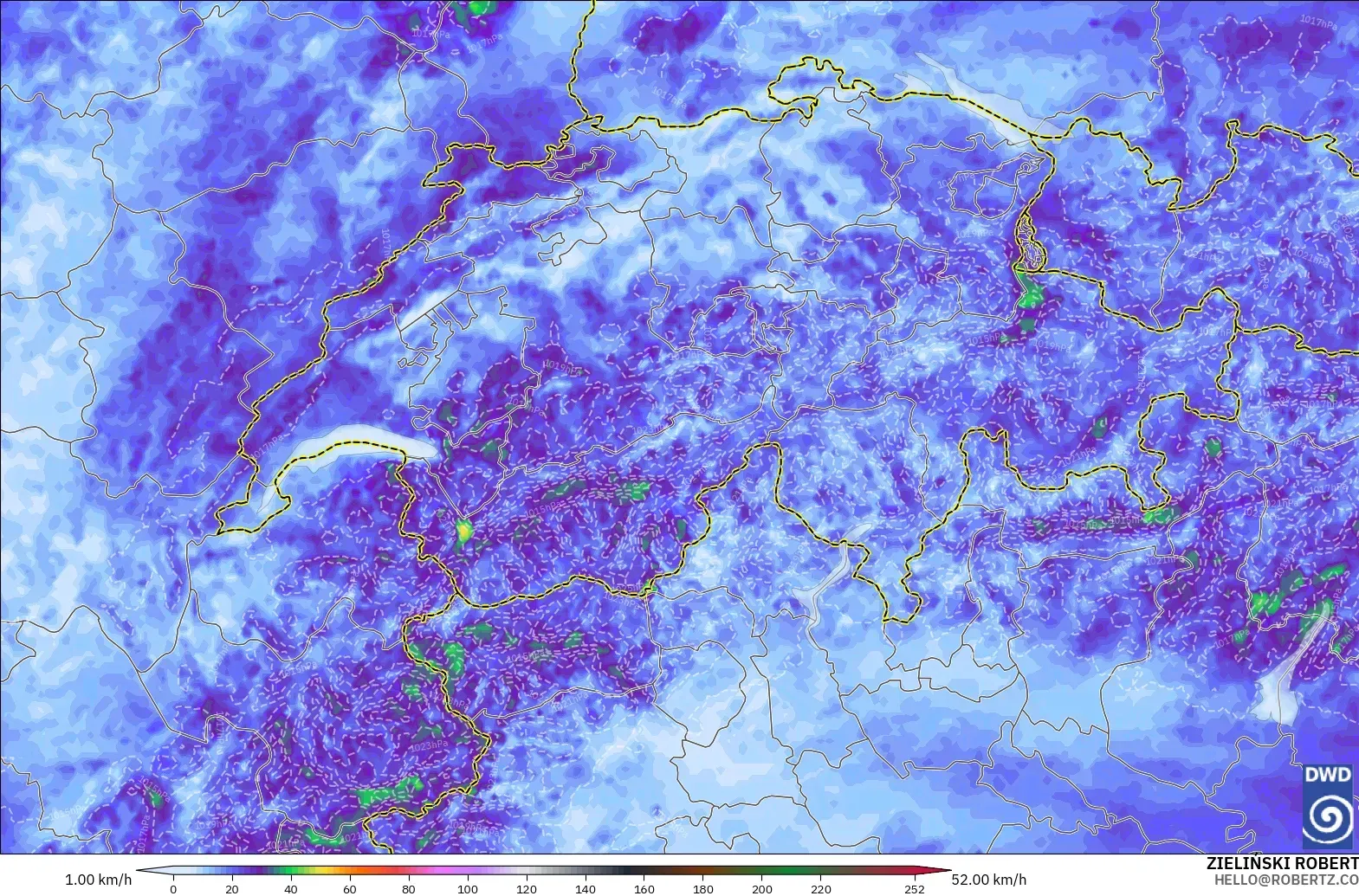 ICON Alemania 2 km modelo - Suiza, Ráfagas de Viento Máximas