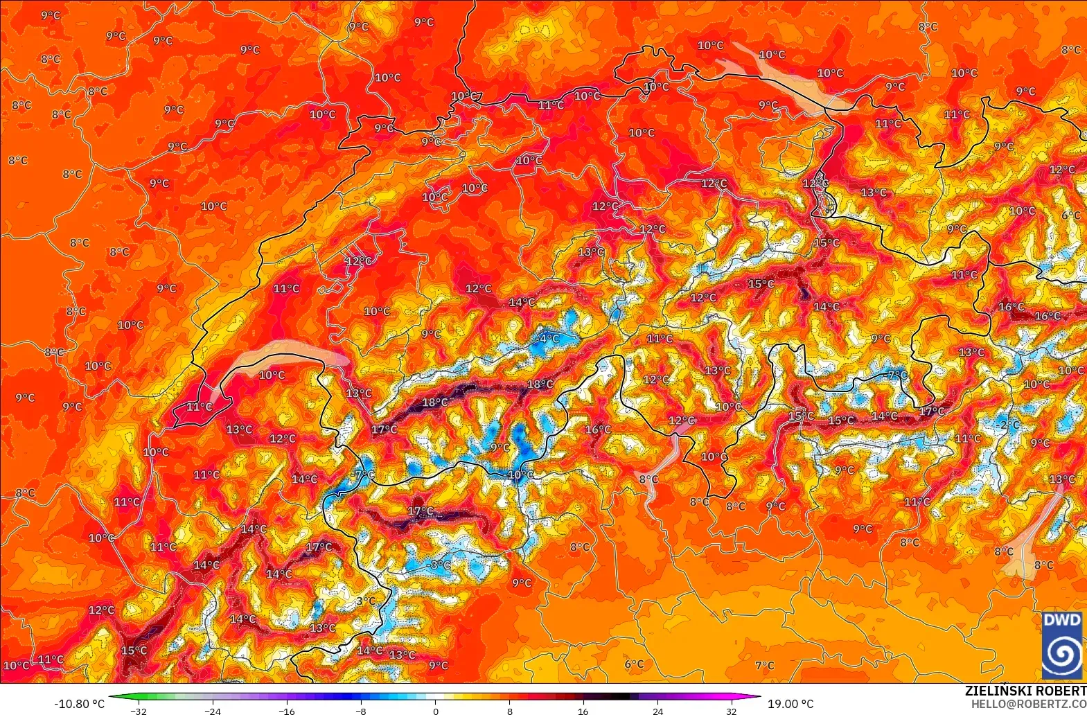 ICON Alemania 2 km modelo - Suiza, Anomalía de temperatura a 2 m