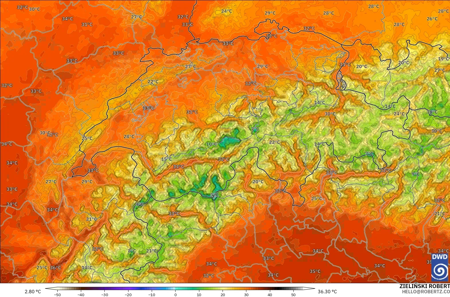 ICON Alemania 2 km modelo - Suiza, Temperatura a 2 m