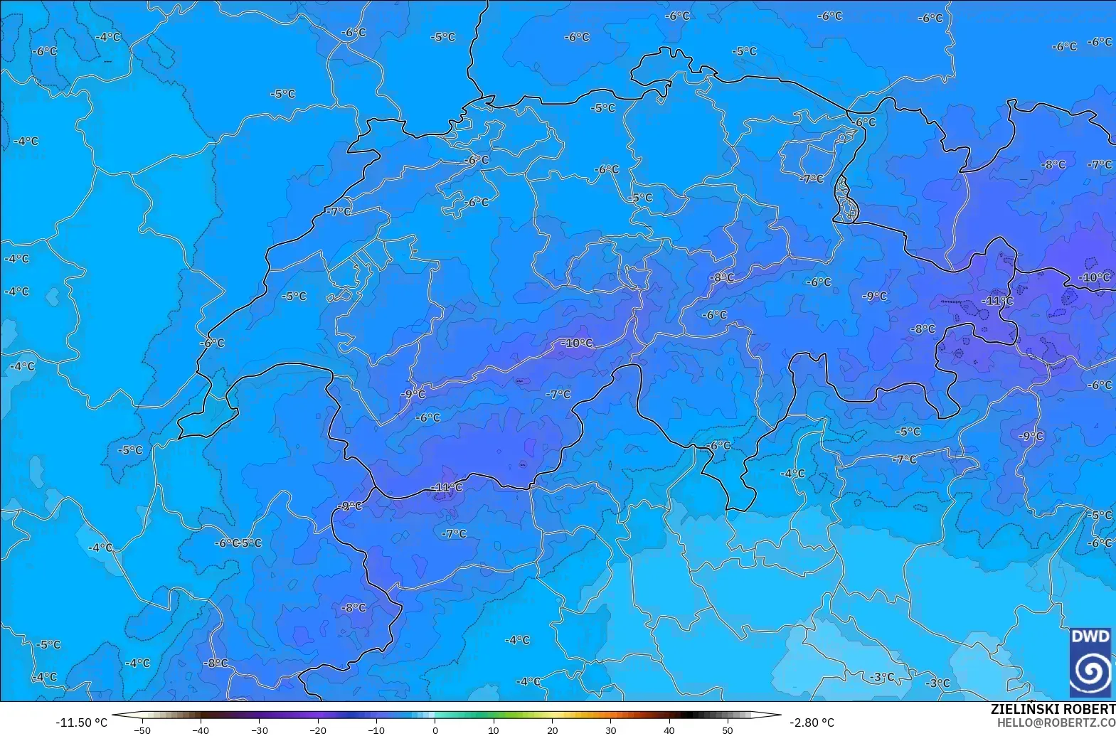 ICON Alemania 2 km modelo - Suiza, Temperatura a 500 hPa