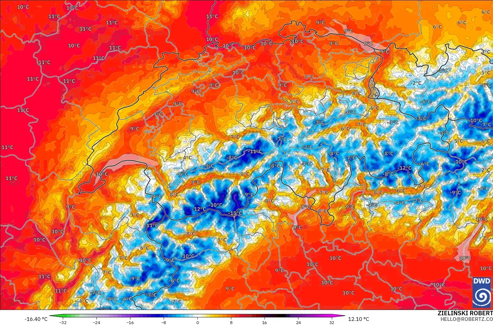 ICON Alemania 2 km modelo - Suiza, Anomalía de temperatura a 850 hPa
