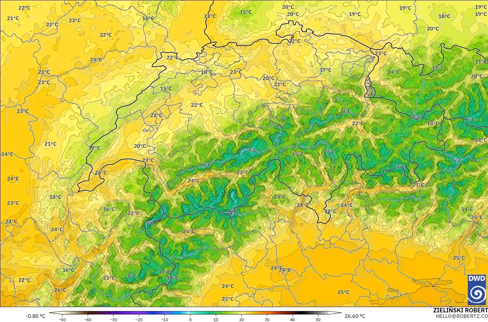 ICON Alemania 2 km modelo - Suiza, Temperatura a 850 hPa