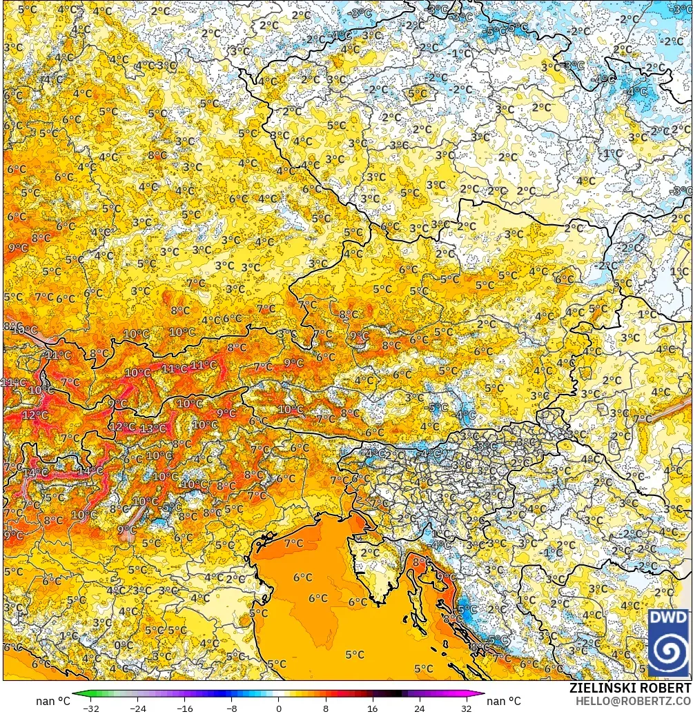 ICON Alemania 2 km modelo - Austria, Anomalía de temperatura a 2 m