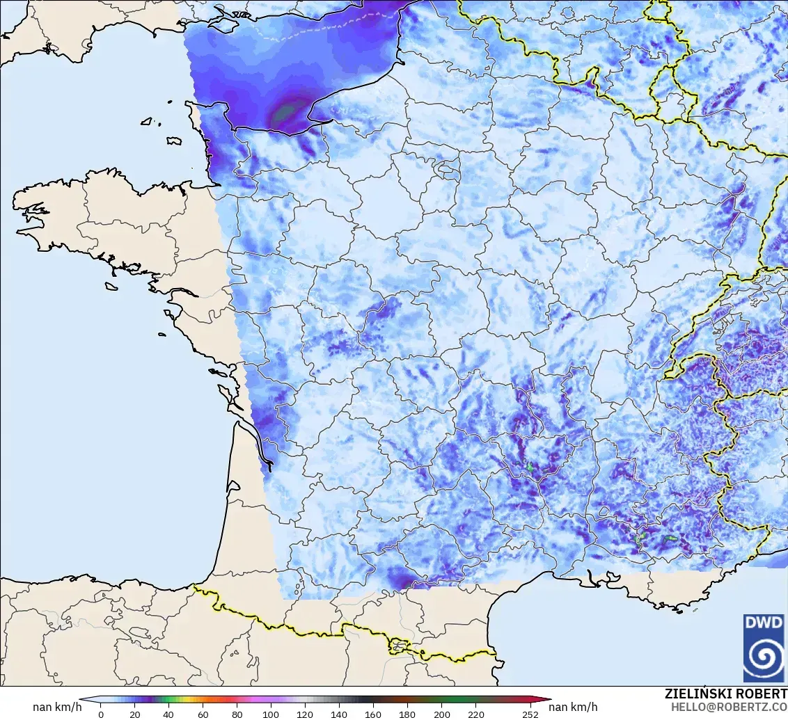 ICON Alemania 2 km modelo - Francia, Ráfagas de viento