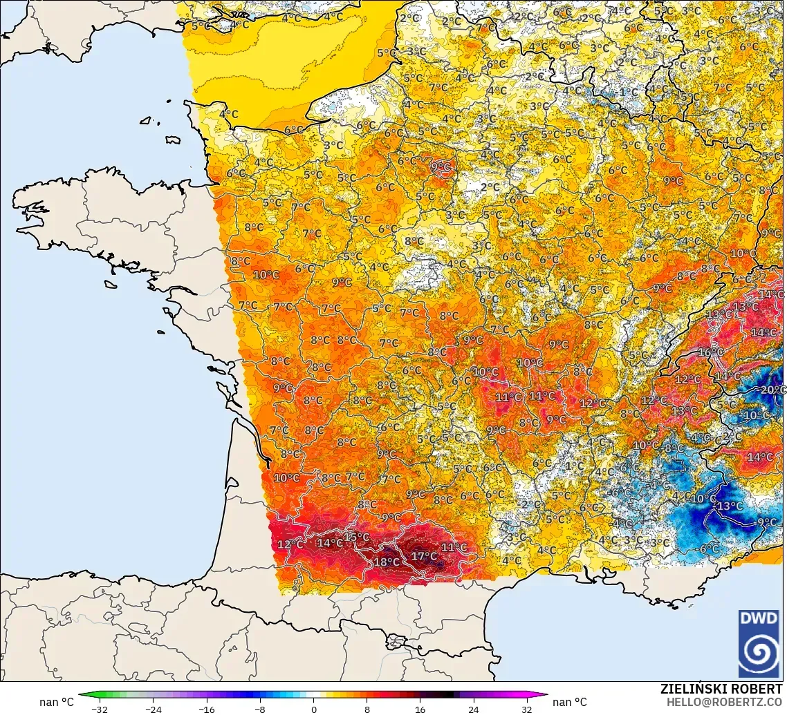 ICON Alemania 2 km modelo - Francia, Anomalía de temperatura a 2 m