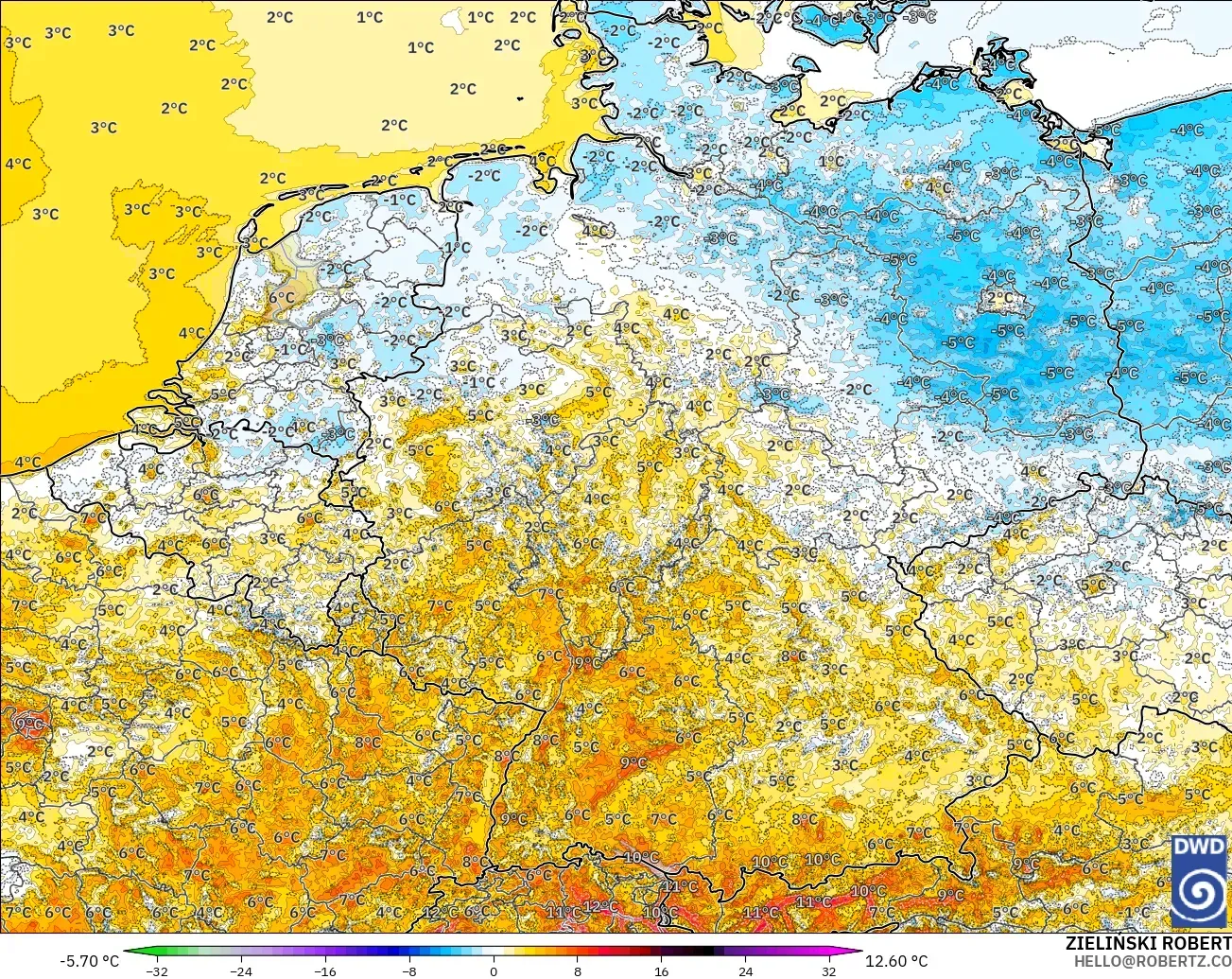 ICON Alemania 2 km modelo - Alemania, Anomalía de temperatura a 2 m