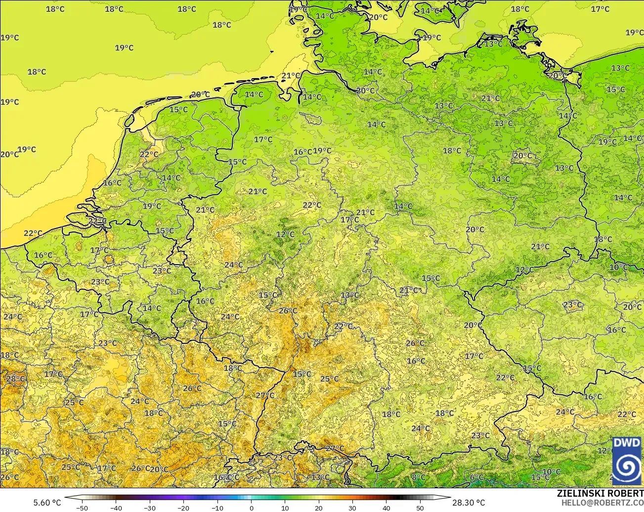 ICON Alemania 2 km modelo - Alemania, Temperatura a 2 m