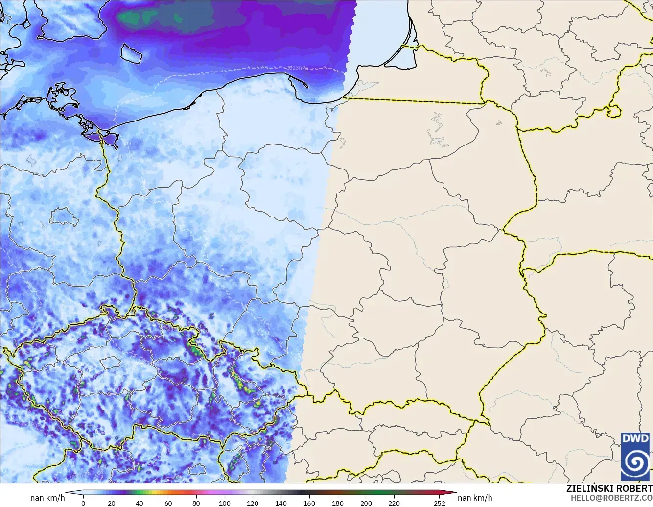 ICON Alemania 2 km modelo - Polonia, Ráfagas de viento