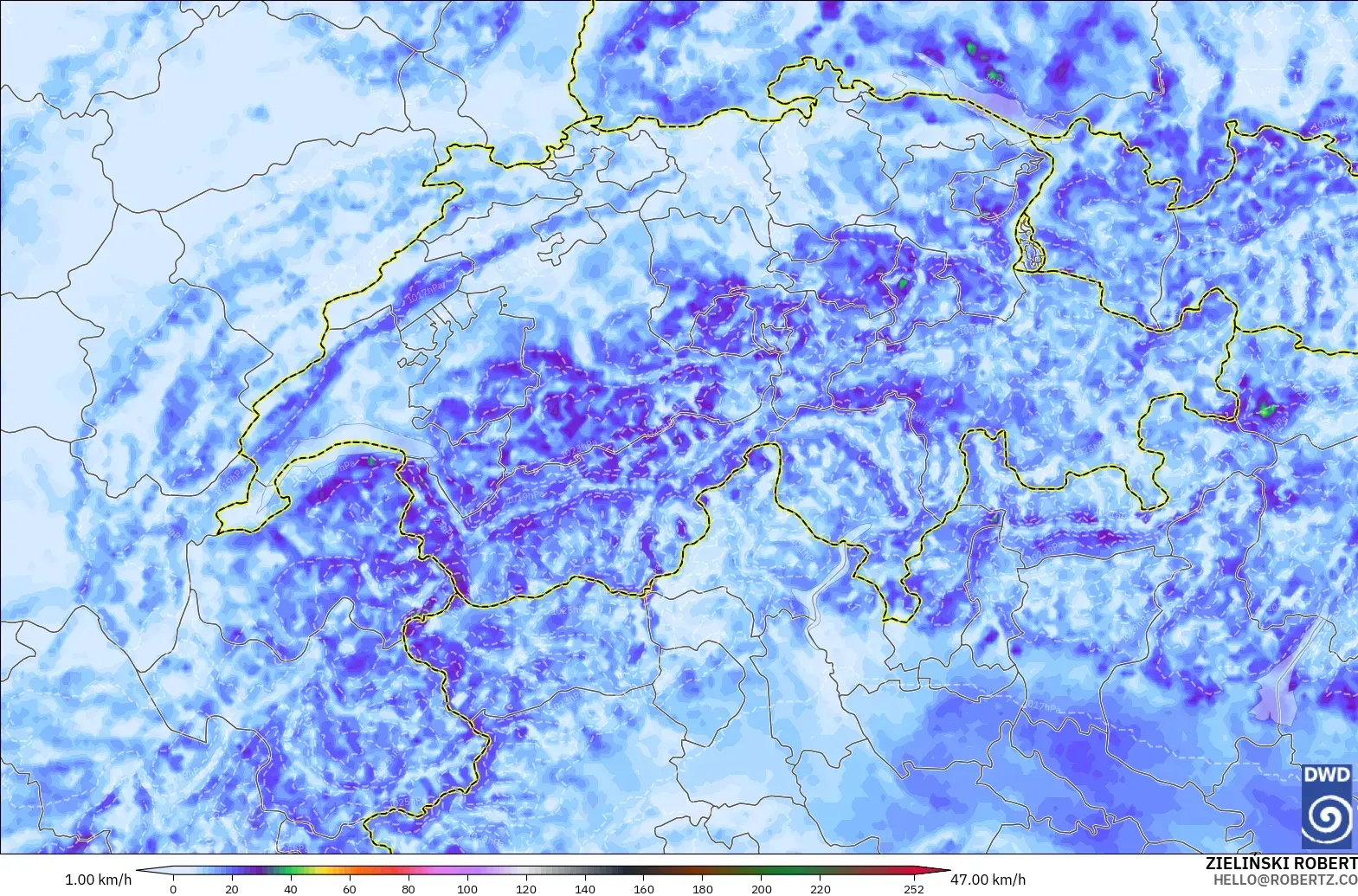 ICON Alemania 2 km modelo - Suiza, Ráfagas de viento