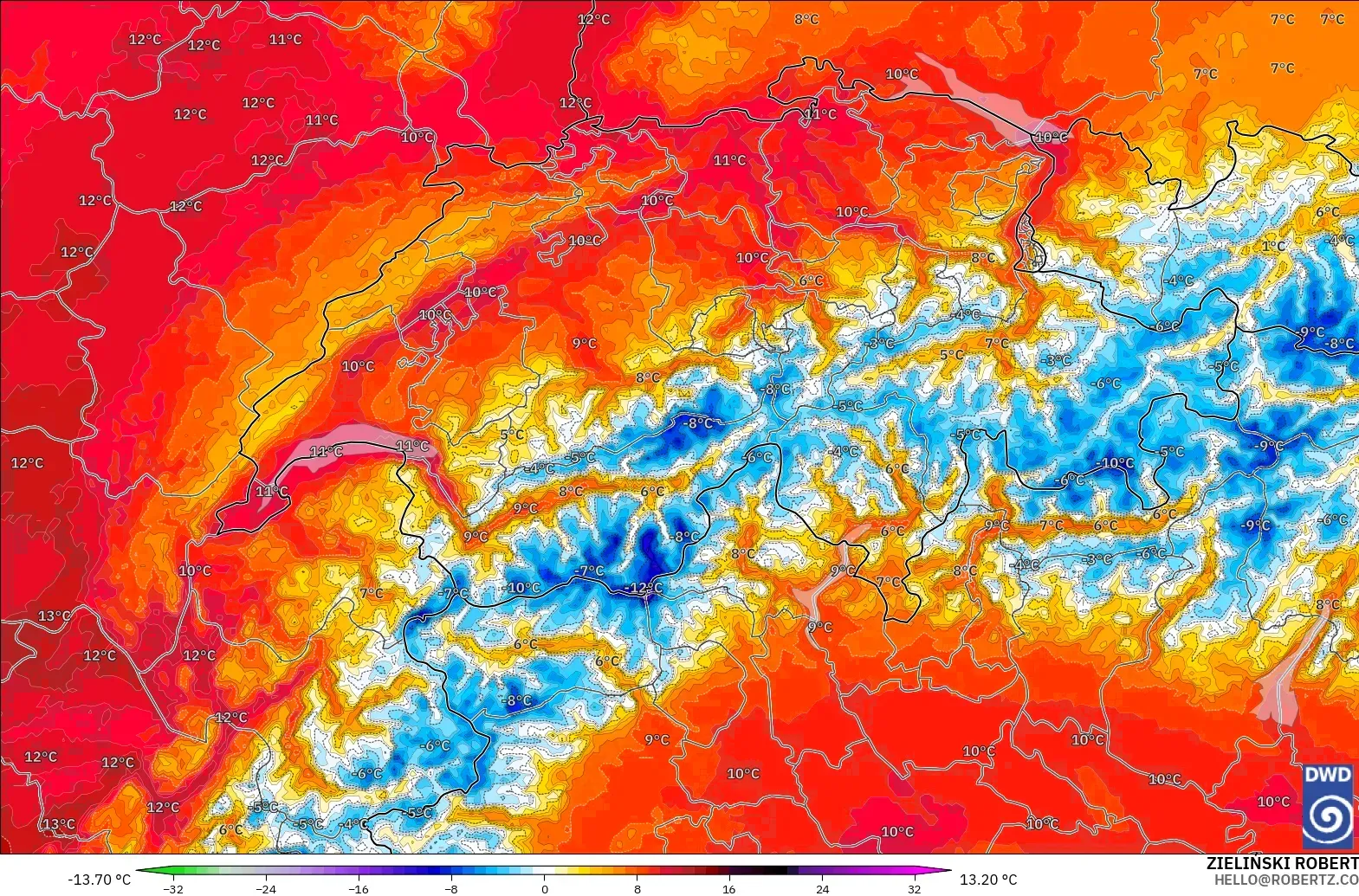 ICON Alemania 2 km modelo - Suiza, Anomalía de temperatura a 850 hPa