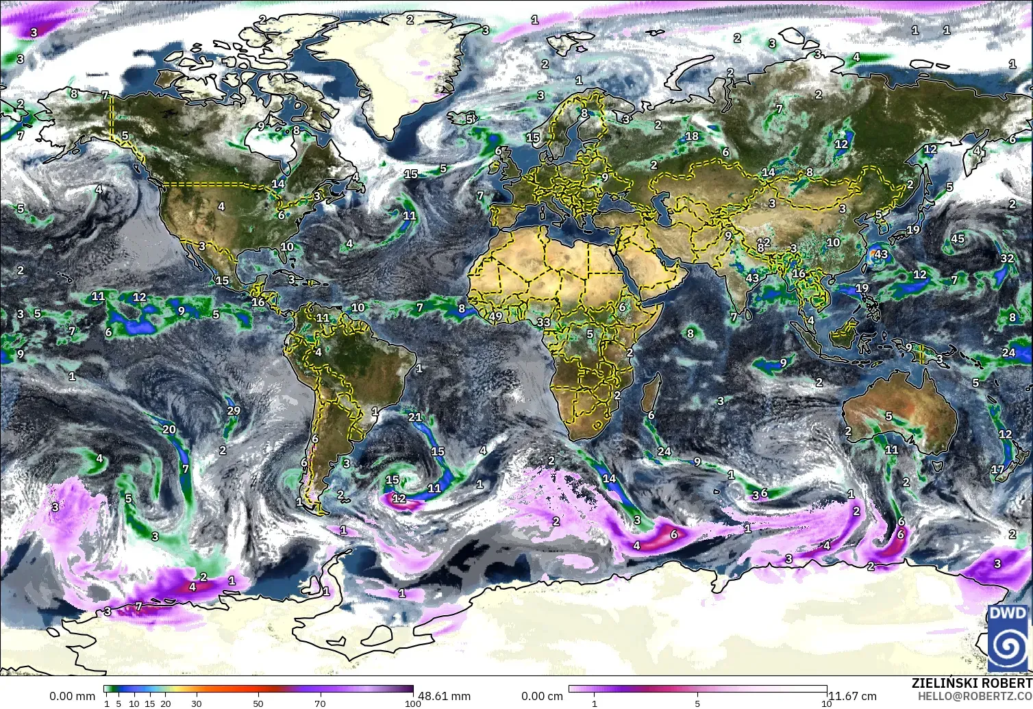 ICON modelo - Mundo, Precipitación, nubes y presión