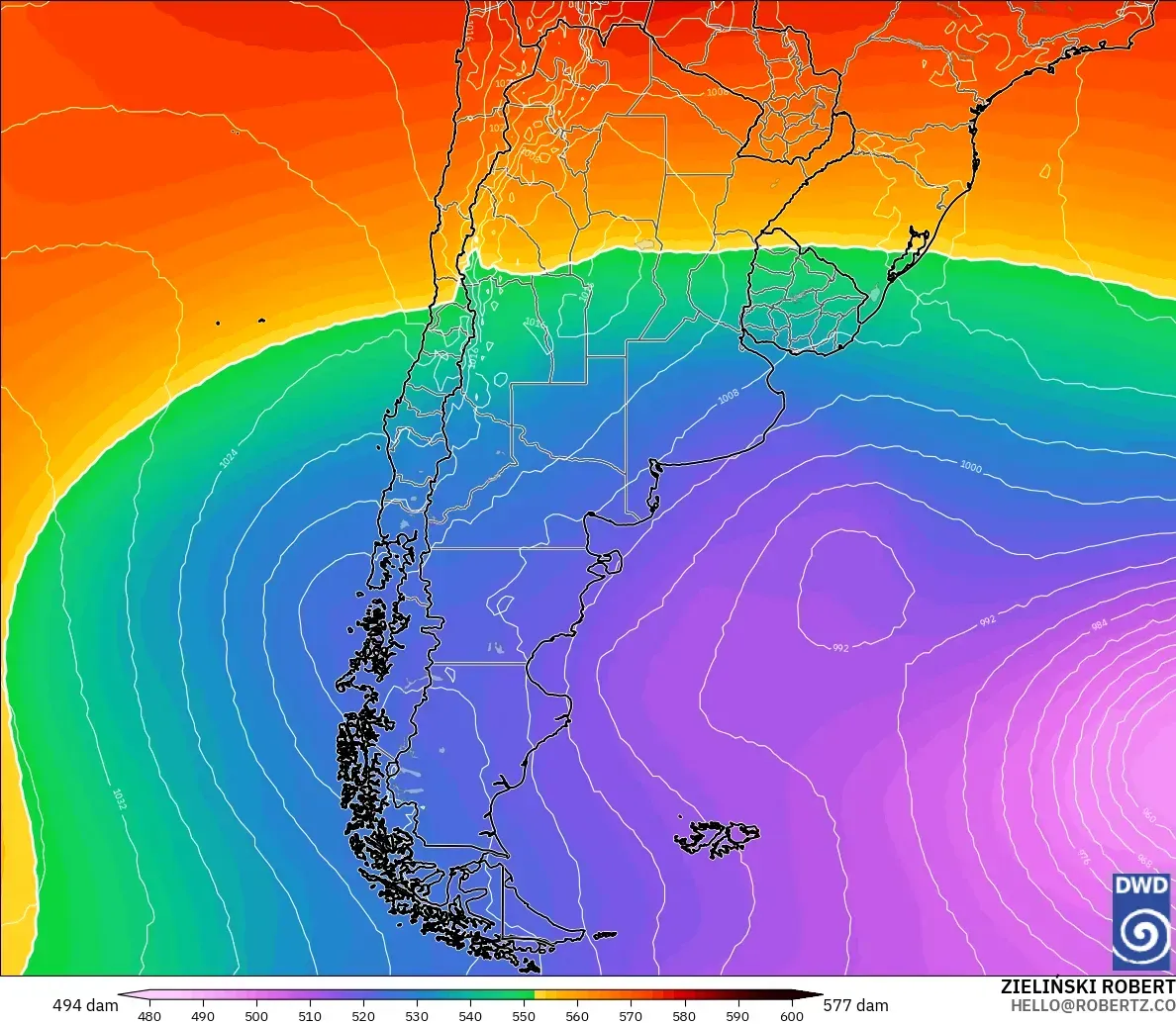 ICON modelo - Argentina, Altura geopotencial a 500 hPa