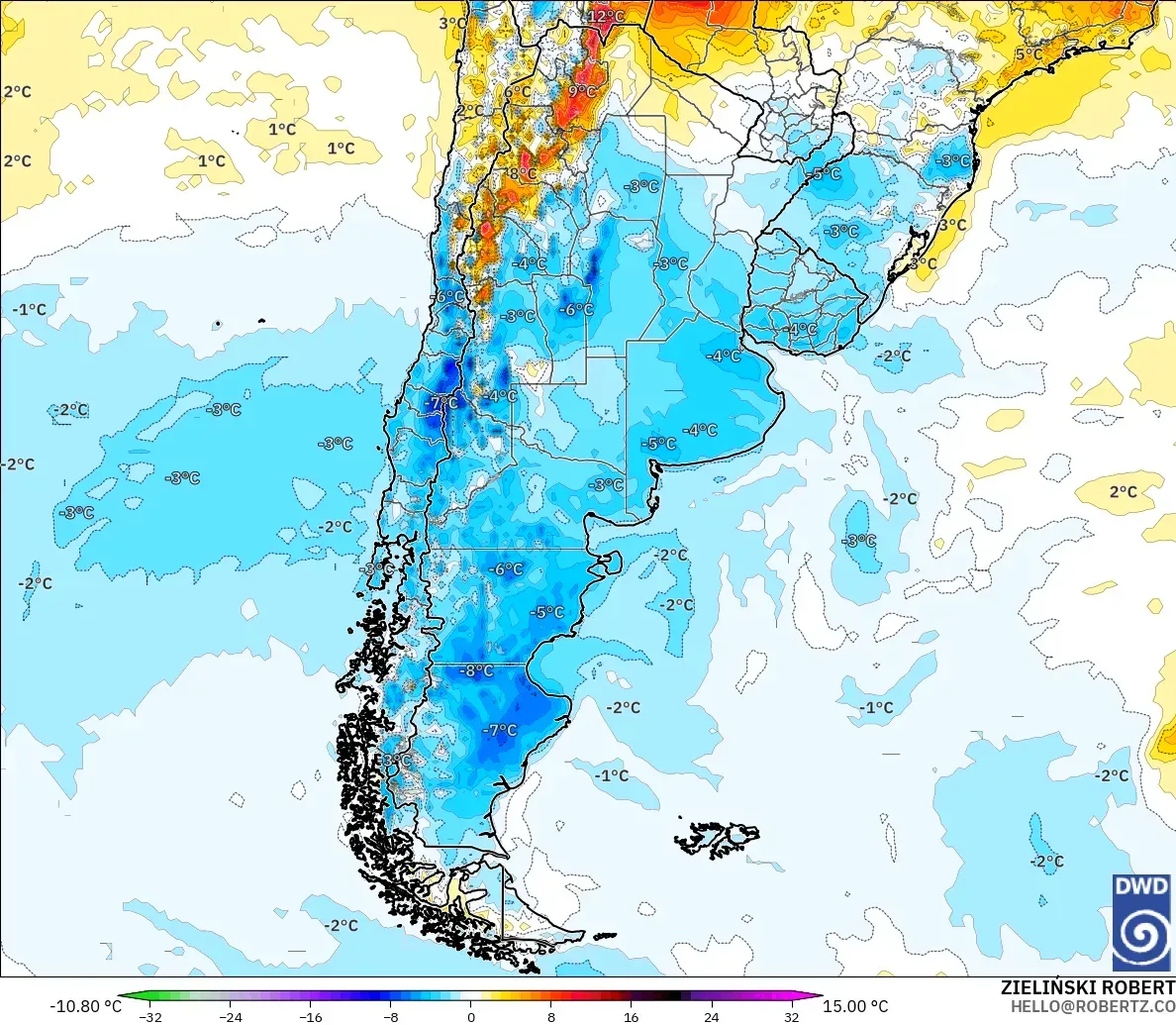 ICON modelo - Argentina, Anomalía de temperatura a 2 m