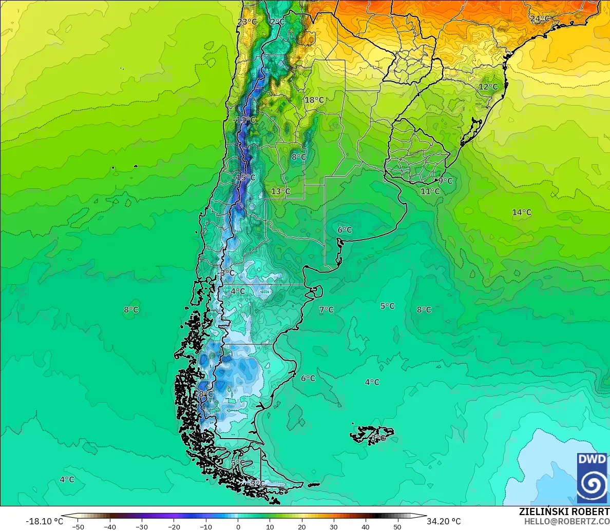 ICON modelo - Argentina, Temperatura a 2 m