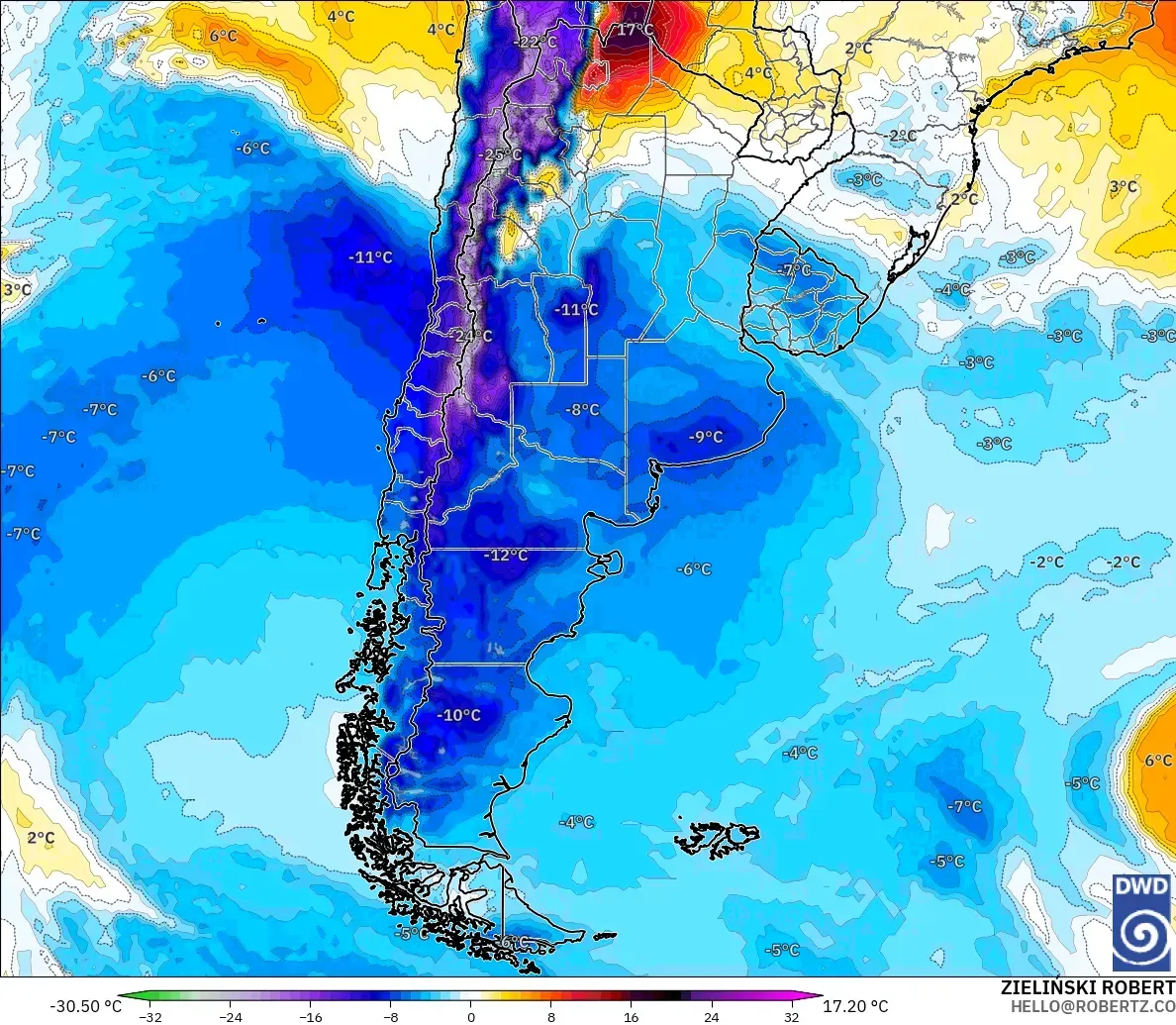 ICON modelo - Argentina, Anomalía de temperatura a 850 hPa